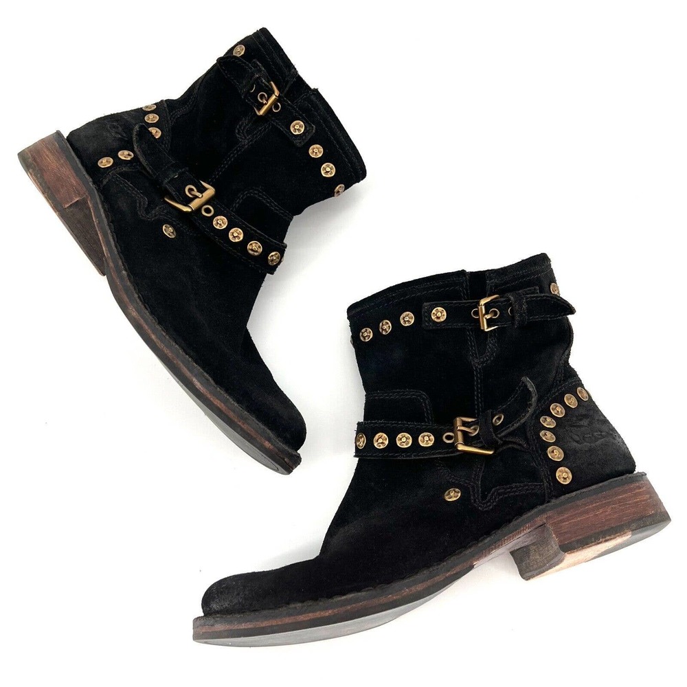 UGG Fabrizia Ankle Suede Moto Studs Black Sheepskin Boots 1003235 Women Size 6.5
